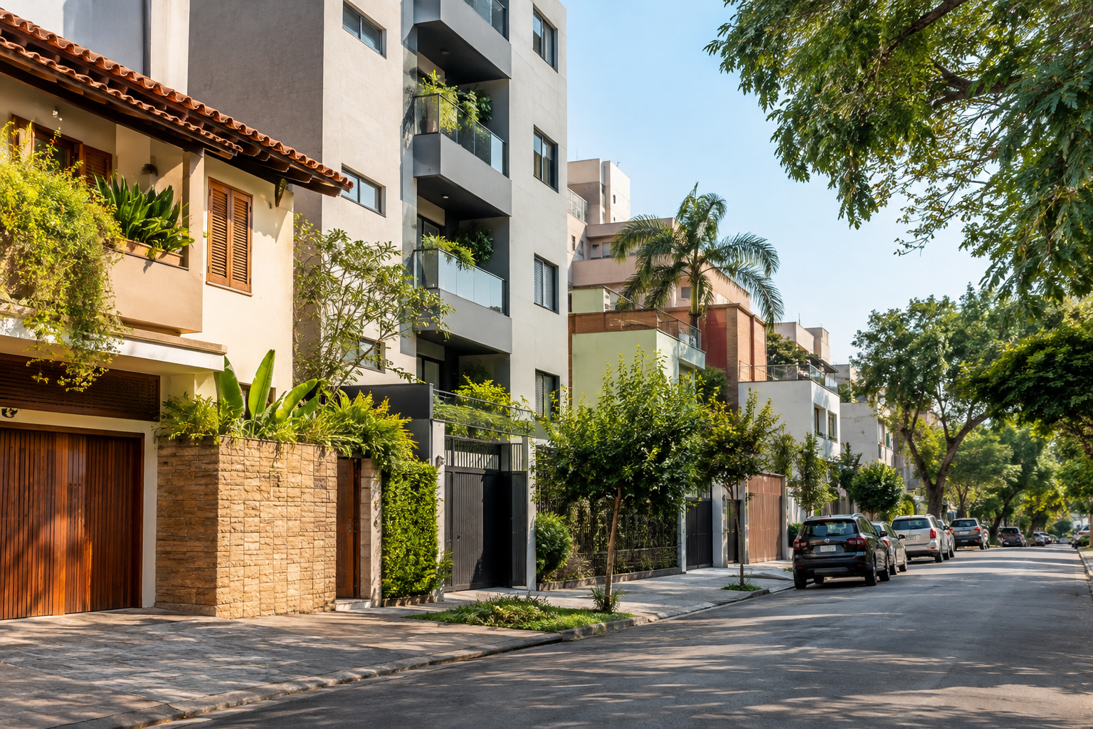 Rua arborizada com casas e pequenos prédios residenciais de diferentes padrões.