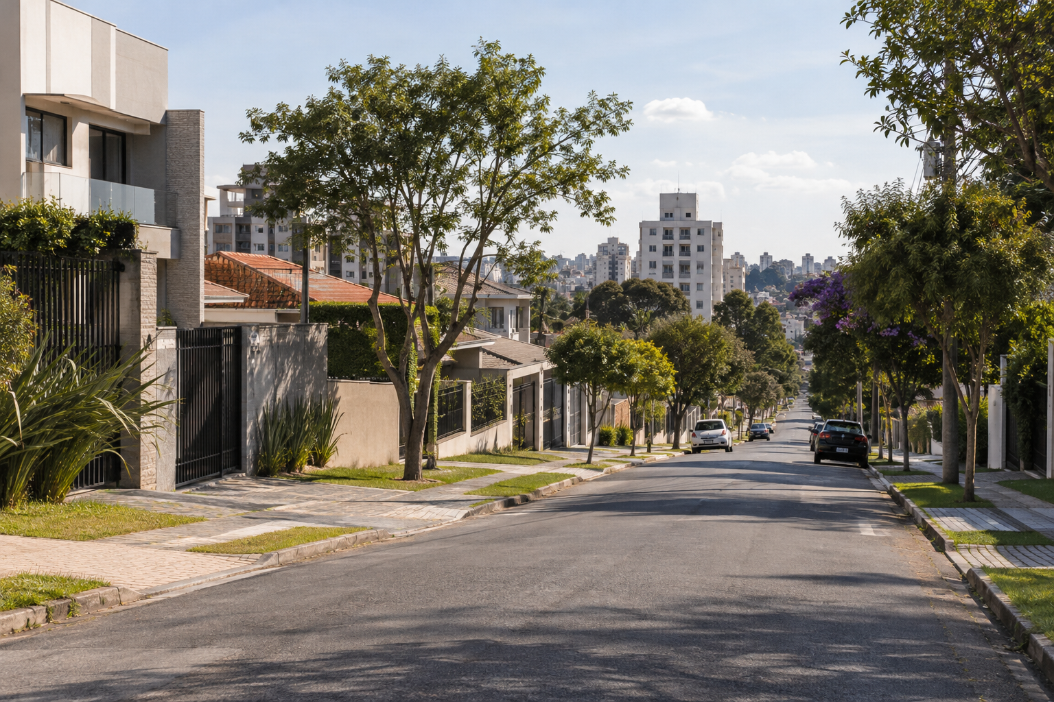 Rua residencial com casas, pequenos edifícios e infraestrutura urbana na região metropolitana de Curitiba.