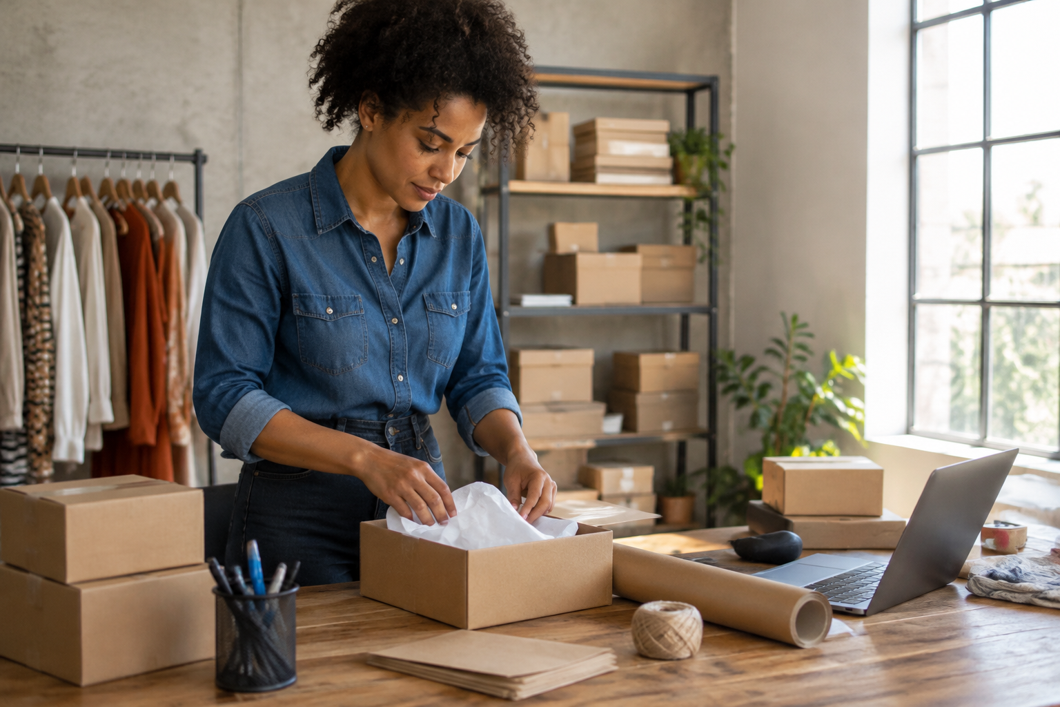 Empreendedora organiza mercadorias e materiais de trabalho em um pequeno negócio.