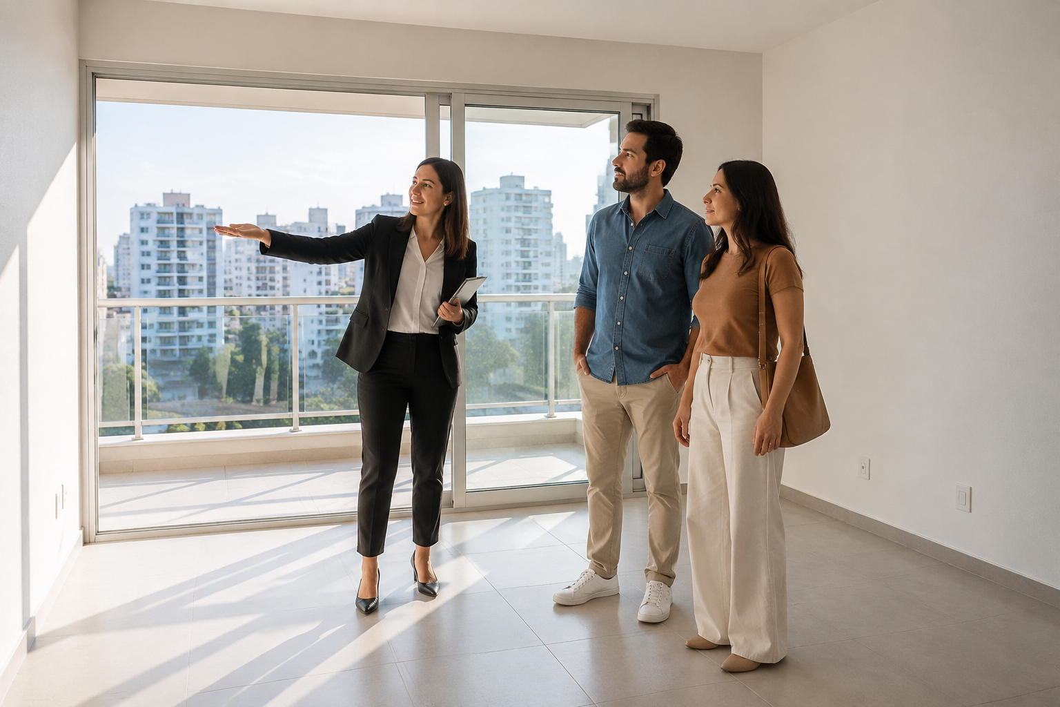 Casal e consultora avaliam a sala de um apartamento durante uma visita.