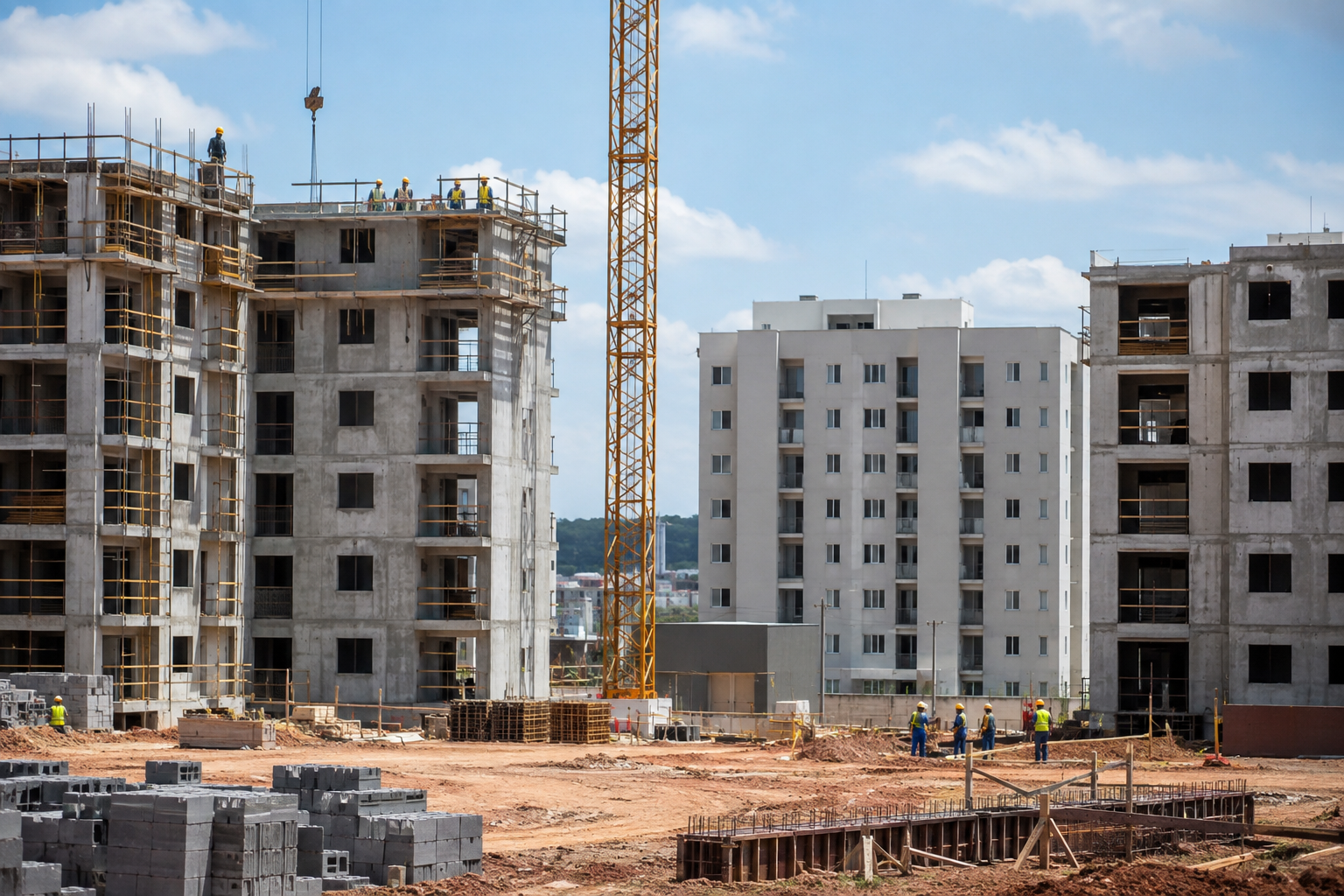 Fotografia documental realista de empreendimento habitacional brasileiro em construção, edifícios de média altura em diferentes estágios de 