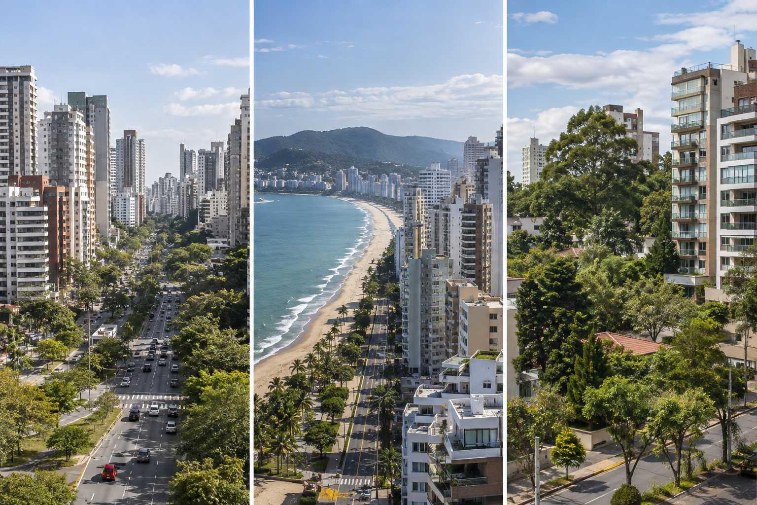 composição fotográfica em três painéis de edifícios residenciais brasileiros, mostrando uma avenida metropolitana, uma área urbana litorânea
