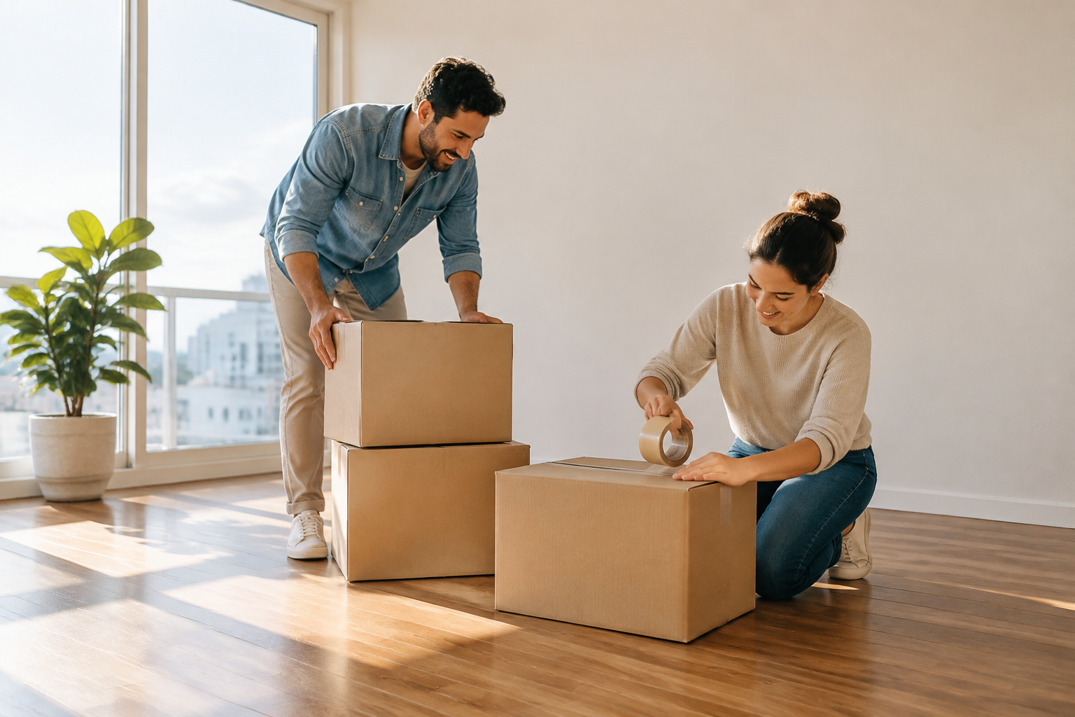 Casal organizando caixas de mudança em um apartamento vazio.