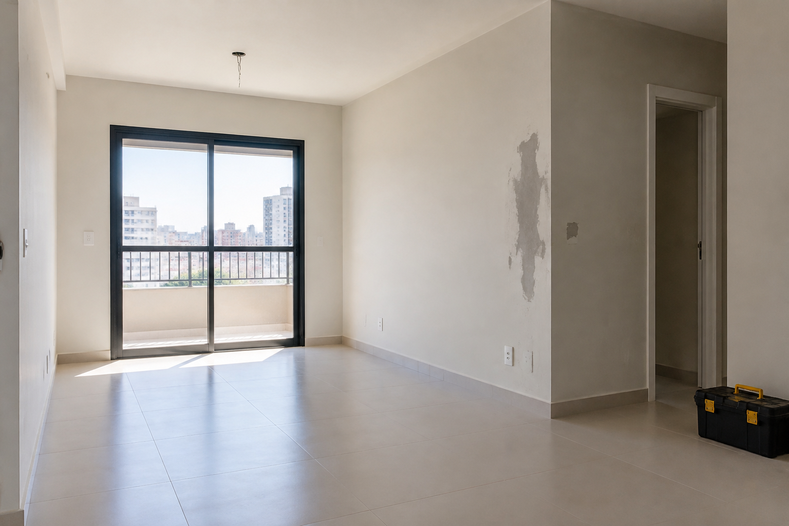 Apartamento vazio com um trecho de parede aguardando reparo.