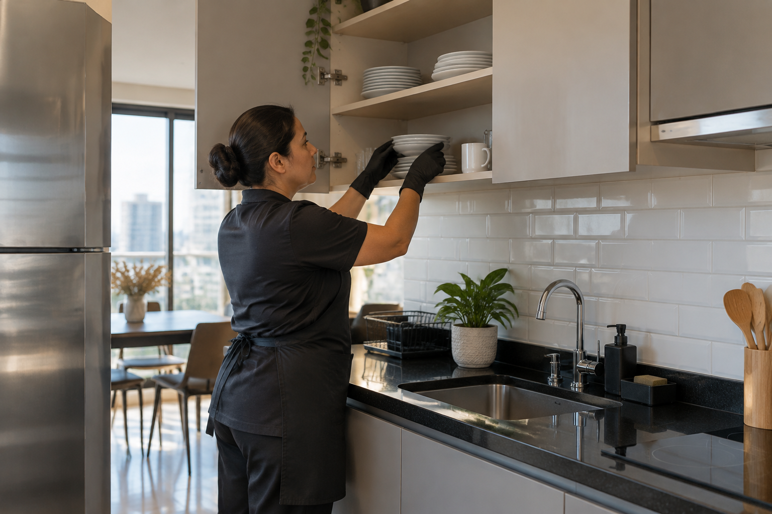 Profissional organiza a cozinha de um apartamento entre reservas.