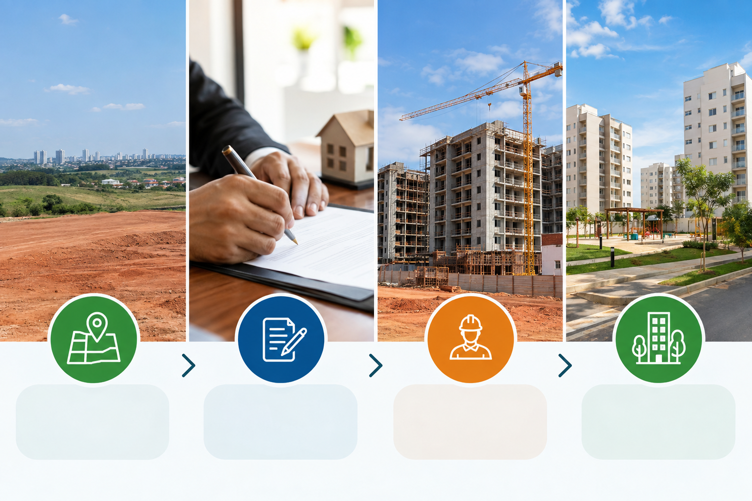 infográfico horizontal com quatro etapas distintas de um empreendimento habitacional brasileiro: terreno com projeto aprovado, assinatura de