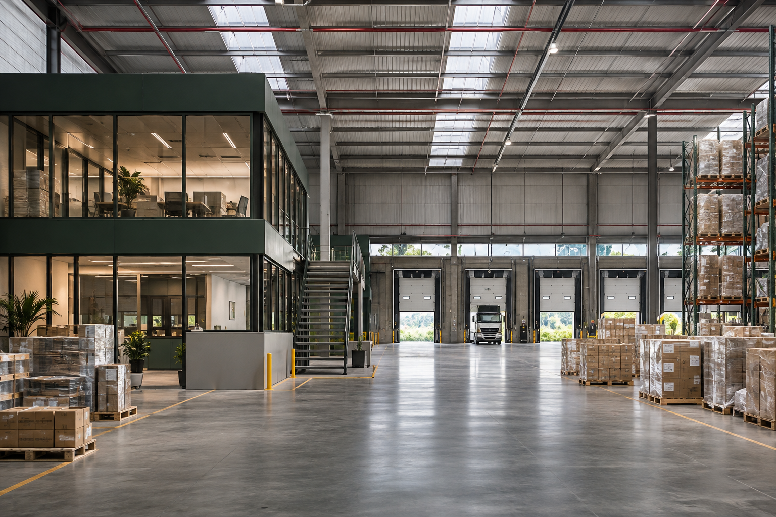 Interior de galpão com área de armazenagem e mezanino administrativo.