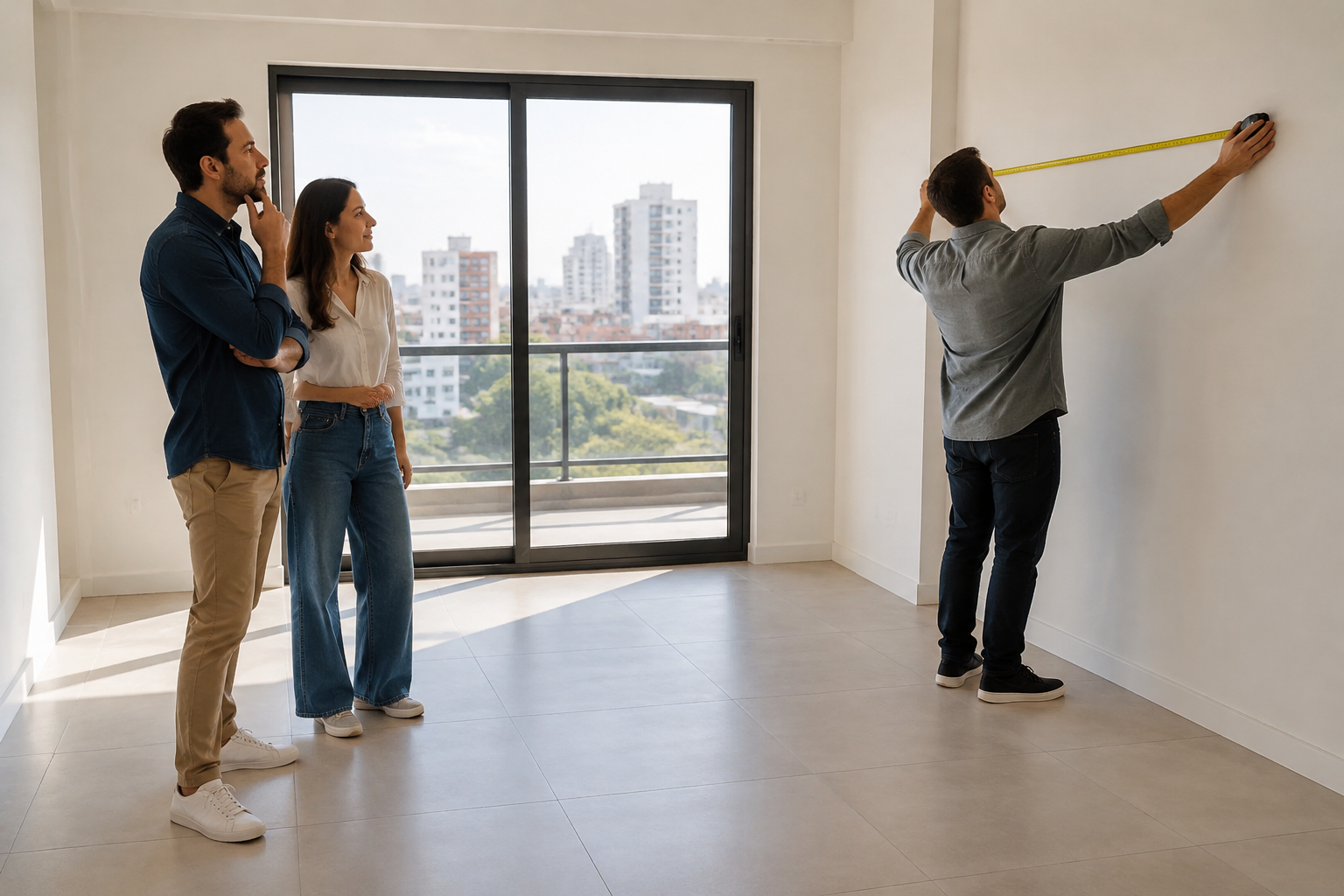 Casal avaliando o espaço de um apartamento vazio durante uma visita.