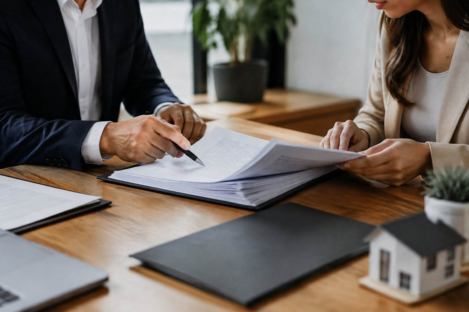 Comprador e profissional conferindo documentos imobiliários antes de uma aquisição.