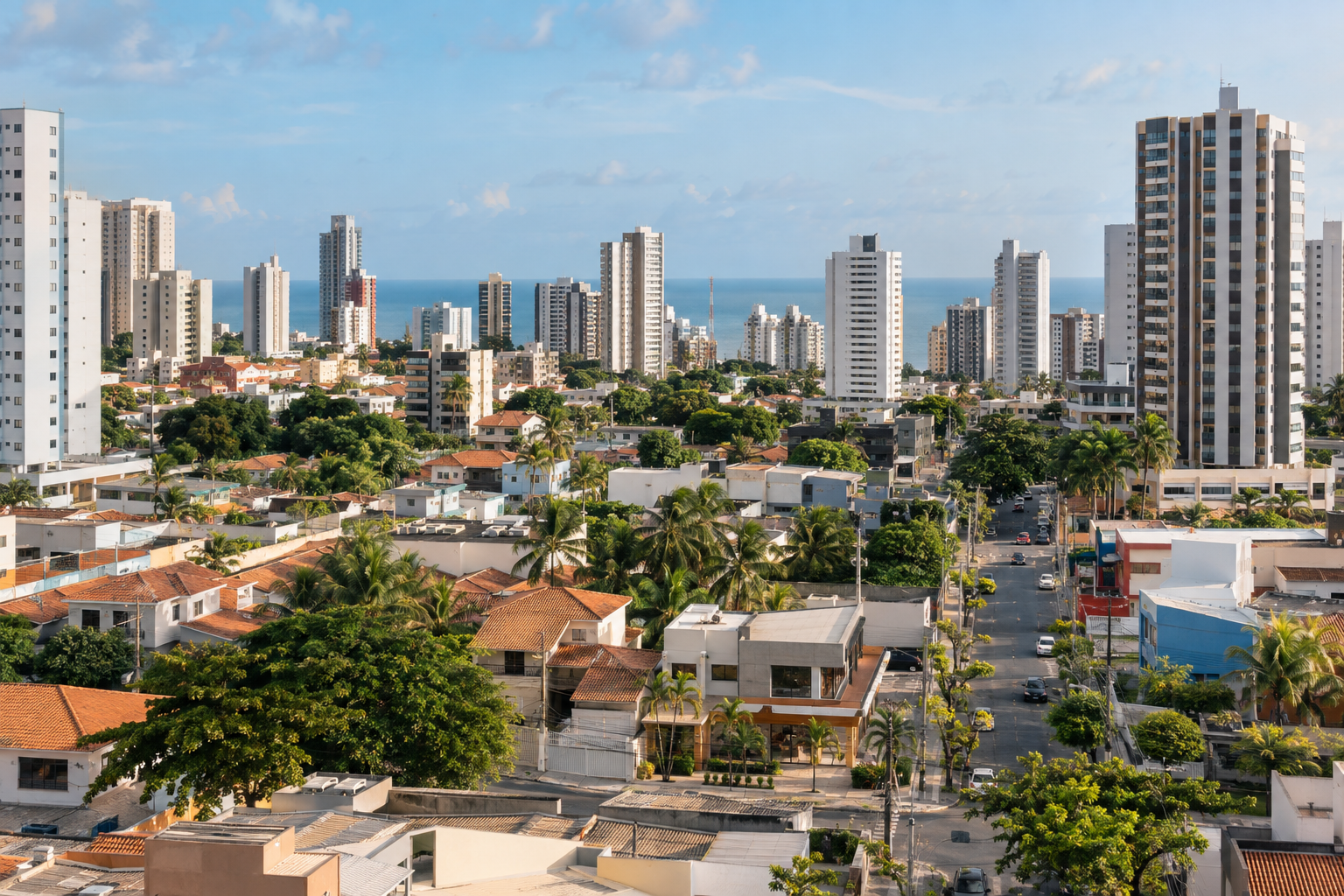 Fotografia panorâmica realista de bairro urbano em capital do Nordeste brasileiro, prédios residenciais, casas e comércio de bairro em convi