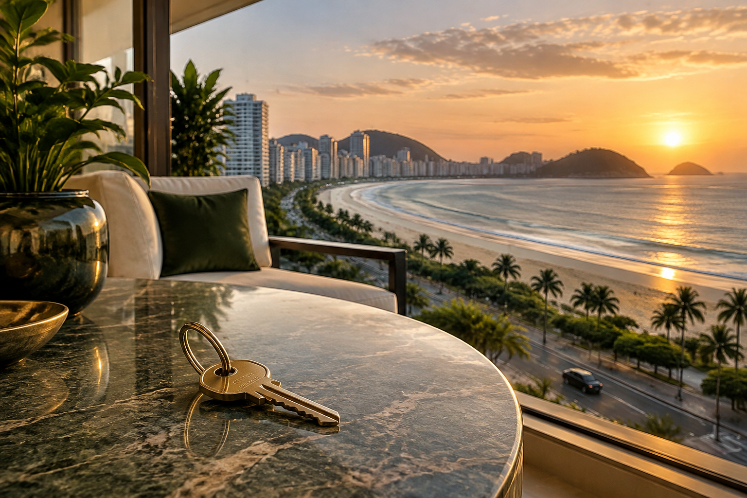 Chave sobre mesa de varanda com vista para praia, edifícios e avenida litorânea no Guarujá.