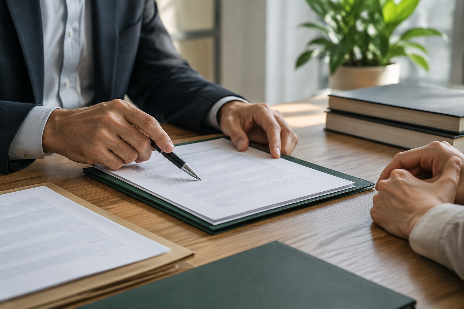 Mãos conferindo contrato e documentos pessoais sobre uma mesa.