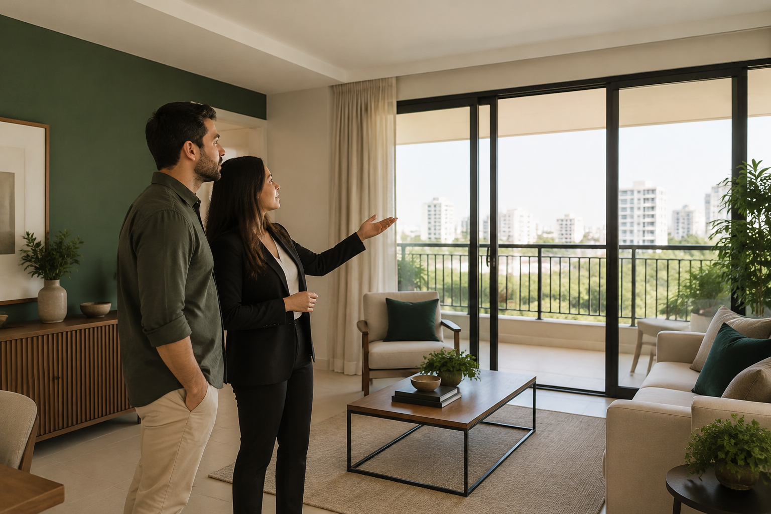Comprador e consultora avaliam a sala de um apartamento durante uma visita.