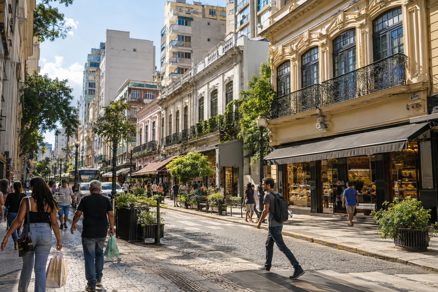 Fotografia documental realista de rua central brasileira com fachadas históricas preservadas e edifícios de diferentes épocas, moradores cam