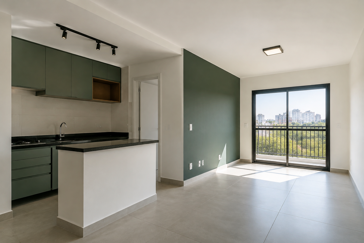 Apartamento compacto pronto para ocupação, com sala integrada à cozinha e iluminação natural.