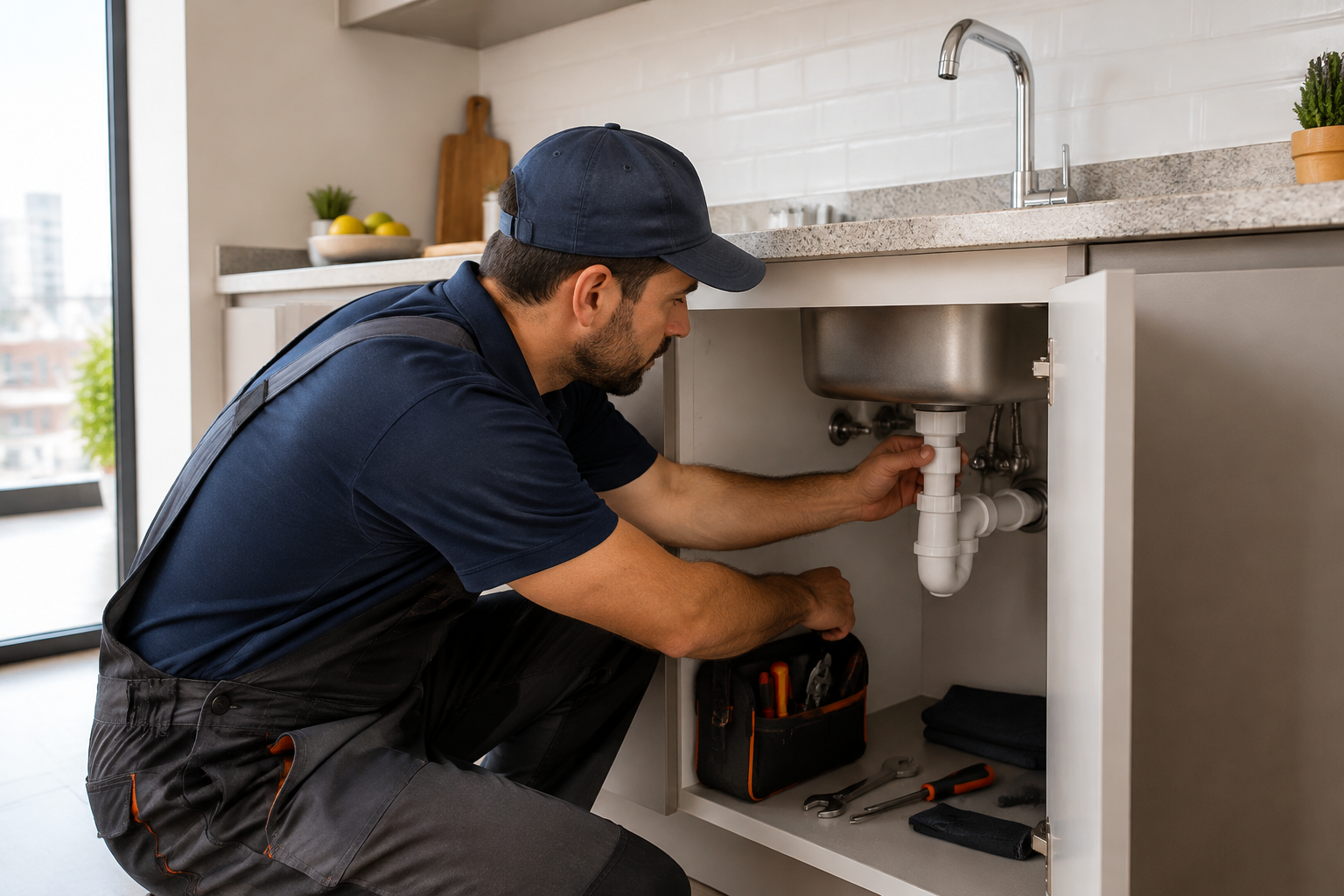 Profissional inspeciona conexões hidráulicas sob a bancada de uma cozinha.