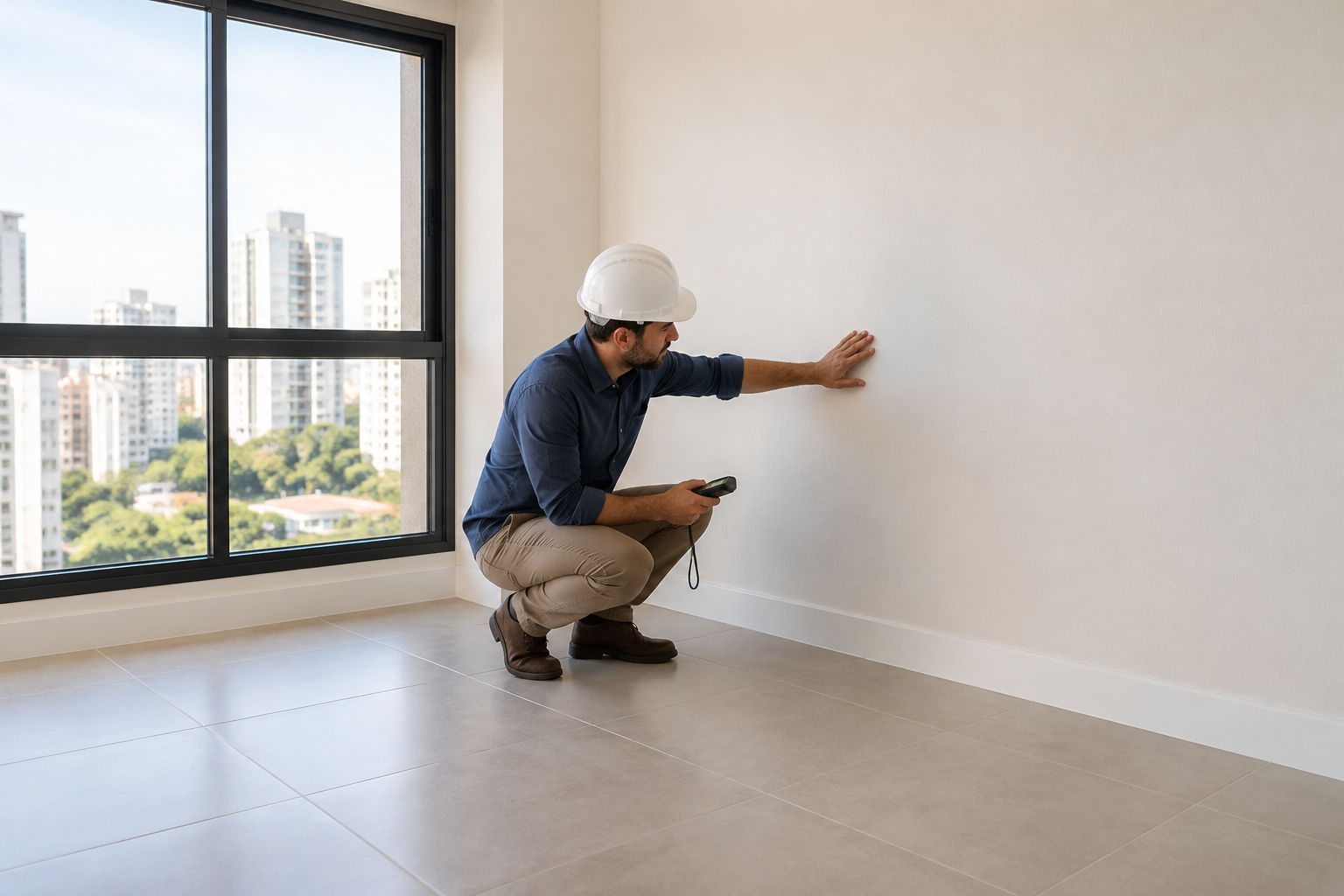 Profissional examinando acabamentos de um apartamento vazio durante uma vistoria.